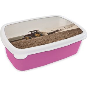 Broodtrommel Roze - Lunchbox - Brooddoos - Tractor - Rood - Grond - 18x12x6 cm - Kinderen - Meisje