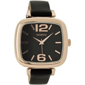 OOZOO Timepieces - Rosé goudkleurige horloge met zwarte leren band - C9184