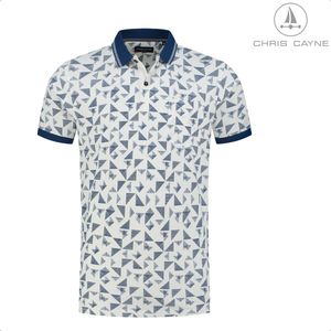 Chris Cayne heren polo - maat M - kleur offwhite met donkerblauw - geprint - polokraag - jersey - herenmode - heren poloshirts met korte mouw - met borstzak