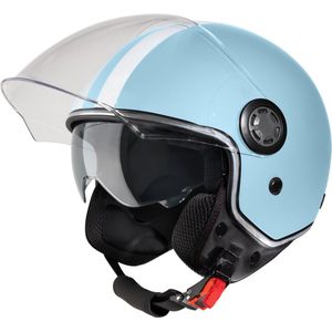 VINZ Parchi Scooterhelm met zonnevizier / Jethelm met streep / Helm voor Dames / Motorhelm / Helm Scooter Retro / Snorfiets helm / Snorscooter helm - Geschikt Voor Helmplicht Blauw Kenteken - Lichtblauw
