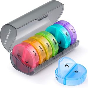 ComfiCare - Pillendoos 7 Dagen - Medicijndoos - Ochtend & Avond Indeling - Pillendoosje Klein - Pillendoos Grote Vakken - Rond