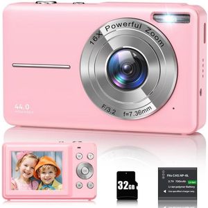 44MP Vlog Camera - 1080P Opname en 16x Zoom voor Beginners - Compact met LCD Scherm en 32G Kaart - Ideaal voor Studenten - Compactcamera - Zwart