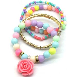Armbanden set - Multicolor - Bloemen, pastelkleuren, Strass steentjes - 4 Stuks - Damesdingetjes