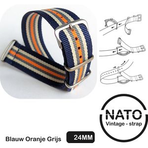 24mm Nato Strap Blauw met Oranje, wit en grijs - Vintage James Bond - Nato Strap collectie - Mannen - Horlogebanden - Blue Orange gray - 24 mm bandbreedte voor oa. Seiko Rolex Omega Casio en Citizen