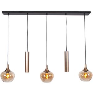 Moderne hanglamp met glas Fresu | 5 lichts | goud / zwart | glas amber / metaal | Ø 120 x 10 cm | in hoogte verstelbaar tot 150 cm | eetkamer / eettafel lamp | modern / sfeervol design | lengte van 120 cm