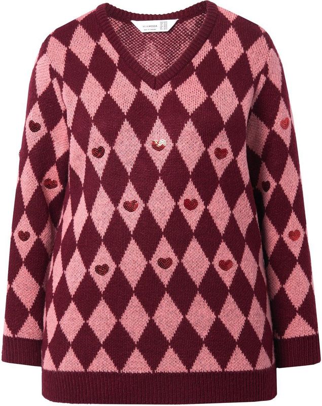 MIAMODA MIAMODA - Dames - Trui ruitmotief paillettenhart - Donker wijnrood - Maat 42+