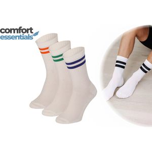 Comfort Essentials - Sportsokken Dames - 3 paar - Wit Met Gekleurde Strepen - Sportsokken Dames - Sokken met Strepen - Tennissokken Dames - Hardloopsokken Dames