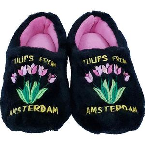 Elcee-Haly – Klomp sloffen – Zwarte Pantoffelklomp met Tulpen boeket – Warme sloffen – Zwart / Roze – Maat 18/19