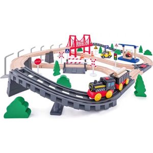 Woody Treinset 80-delig – Hoogwaardige Kwaliteit Houten & Kunststof Treinbaan – Batterij Aangedreven Locomotief & Hangbrug – Educatief Speelgoed – Creatief Speelgoed – Cadeau voor Jongens & Meisjes – Vanaf 3 Jaar