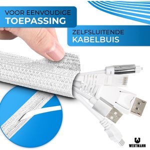 geweven kabelgoot wit [3m] als witte TV kabelslang of als PC kabelgeleider voor op bureau - diameter past zich aan [24-32mm] - kabelmanagement bureau, kabelbescherming kat