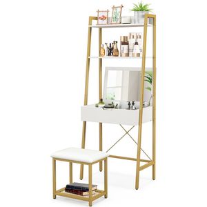 COSTWAY 2-in-1 make-uptafel met kruk, kaptafel met spiegel, omkeerbaar, make-uptafel met dubbele planken en verborgen kast, bureau, make-uptafel 60 cm x 39,5 cm x 164,5 cm