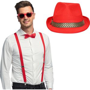 Toppers - Carnaval verkleedset Funky - hoed/bretels/bril/strikje - rood - heren/dames - verkleedkleding - verkleedkleding accessoires