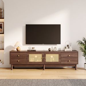180 cm lange tv-kast in een donkere houten look met twee ratta-deuren, vier laden, kabelbeheer en hydraulisch scharnieren-scharnierenbaar voor televisies tot 80 inch