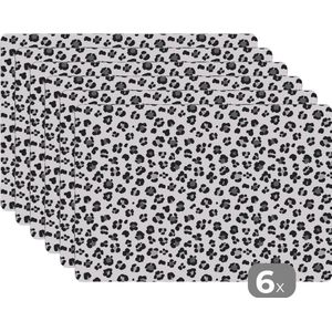 Placemat - Placemats kunststof - 45x30 cm - Panterprint - Grijs - Zwart - 6 stuks - Borden onderleggers antislip - Tafel decoratie - Luxe tafelversiering - Tafelmat vinyl - Bord onderlegger - Tafeldecoratie accessoires