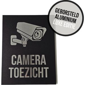 Pictogram/ bord geborsteld aluminium | ""Cameratoezicht"" | 19 x 25 cm | Luxe uitvoering | CCTV | Beveiliging | Camera bewaking | Videobewaking | Toezicht | Diefstal verhinderen | Preventie | Opvallend | Zwart | Dikte: 3 mm | 1 stuk