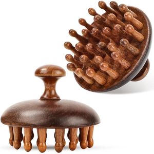 Thelau - Hoofdmassageborstel van hout - 2-in-1 hoofdmassageborstel en haarkam - Massagekam voor meridianen - Schijven massageborstel - Sandelhouten kam voor scalp - 2 stuks