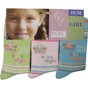 Meisjes sokken - katoen 6 paar - style08 - maat 23/26 - assortiment groen/roze/blauw - naadloos