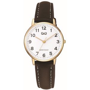 Q&Q C65A-003PY - Horloge - Polshorloge - Analoog - Dames - Vrouwen - Leren band - Rond - Metaal - Cijfers - Zwart - Goudkleurig