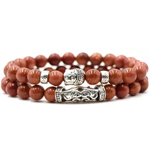 Kralen Armband met Buddha Beeld - Rood met Gouden Flakes- Natuursteen - Boeddha Sieraden - Armbanden Heren Dames - Kralenarmband - Cadeau voor Man - Mannen Cadeautjes