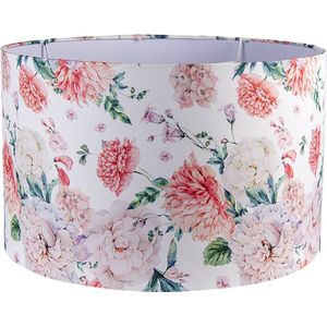 HAES DECO - Lampenkap - Loving Chic - wit met roze bloemen bedrukt - formaat Ø 45x28 cm, voor Fitting E27 - Tafellamp, Hanglamp