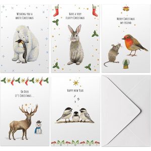 Set van 20 stuks vrolijke kerstkaarten met enveloppen - Engelse tekst- 5 winterdieren handgeschilderd - dubbele kaart met vouw op mooi ECO papier - A6 formaat