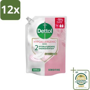 Dettol - Handzeep Navulling - Hypoallergenic - Sensitive - 500 ml - Voordeelverpakking - 12 stuks - Gevoelige huid - Antibacteriële zeep