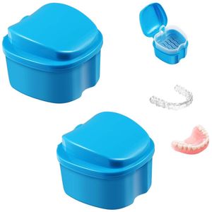 2-pack prothesedoos, prothesebeker met filter, prothesebewaardoos, prothesebeker met filter voor het weken van prothesen (blauw)