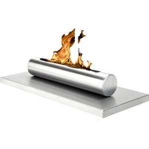 Rechthoekige Tube bio ethanol tafelhaard RVS/Zilver kleur voor binnen & buiten 8 x 37 x 15 cm - milieuvriendelijk duurzaam handgemaakte bio ethanol Onderhoudsvrij tafelhaard - bio ethanol moderne sfeerhaard - bio ethanol design haard voor op de tafel