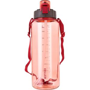 Diller waterfles met rietje - 2 liter - grote waterfles - Bottle - Motivatie waterfles met tijdmarkeringen  - sportfles - rood transparant