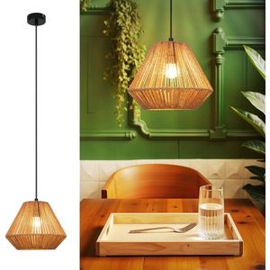 NETTLIFE Hanglamp Rotan - E27 Fitting - Diamant Design - 1-Lichts - Vintage - Hennep Touw Eettafellamp - voor Eetkamer | Slaapkamer | Woonkamer | Hal - Max.40W