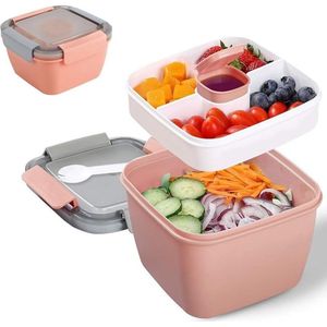 Lunchbox met onderverdeling vakken, broodtrommel met bestek voor volwassenen/kinderen, duurzaam, lekvrij, saladebox to go, bento box voor school, werk, picknick, reizen (roze)