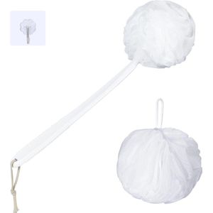 Badspons, douchespons, set peelingspons, badspons, rugborstel met 44 cm kunststof anti-slip handgrepen, pluizige douchespons lichaam, zacht net, luffa-wit