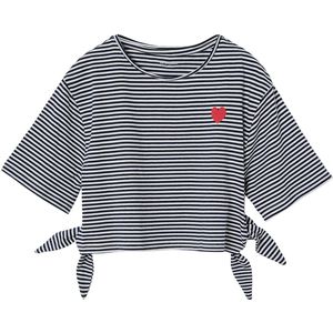 Gestreept Meisjesshirt - Marineblauw - Katoen - Korte Mouwen - Sierstrik