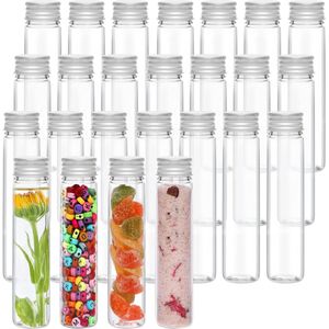 25-Pack Doorzichtige plastic reageerbuisjes - 75 ml - Herbruikbare container buisjes voor snoep, vloeistoffen, badzout - inclusief schroefdop en schoonmaakborstel