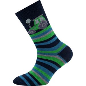 Ewers Kindersok - Donkerblauw met Groene Trekker/Tractor & Groene/Blauwe/Grijze Steepjes-23/26