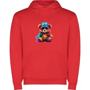 Rode unisex hoodie met “ Kleurrijke stoere Teddybeer met Pet“ Print Full merk Roly maat 128 7/8 jaar