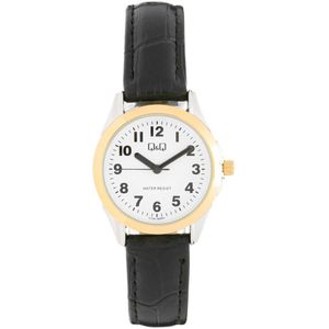 Q&Q C13A-500PY - Horloge - Analoog - Vrouwen - Dames - Leren band - Rond - Staal - Zwart - Zilverkleurig - Goudkleurig