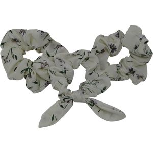Jessidress Scrunchie met Bloemen print Haar elastieken met Strikje - Wit