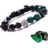 GT Collection - Herenarmband met zilveren leeuwenkop - Zwarte ONYX-stenen - Groene TIGER'S EYE-stenen - Verstelbaar koord - Universele maat - 20 cm - Handgemaakt door juweliers - Ideaal cadeau voor mannen - Met geschenkdoos