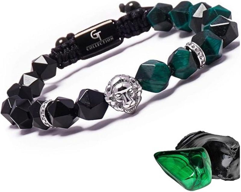 GT Collection - Herenarmband met zilveren leeuwenkop - Zwarte ONYX-stenen - Groene TIGER'S EYE-stenen - Verstelbaar koord - Universele maat - 20 cm - Handgemaakt door juweliers - Ideaal cadeau voor mannen - Met geschenkdoos