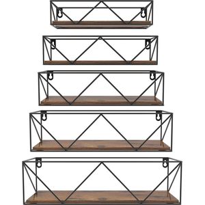 Houten zwevende wandplank set van 5 met stangen - Rustieke muurplanken voor slaapkamer keuken badkamer woonkamer