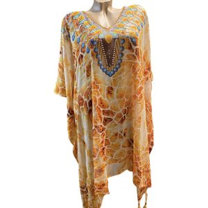 Kaftan/tuniek met steentjes onesize 38-48 oranje/blauw/bruin