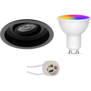 LED Spot Set GU10 - Oficto - Smart LED - Wifi LED - Slimme LED - 5W - RGB+CCT - Aanpasbare Kleur - Dimbaar - Afstandsbediening - Proma Domy Pro - Inbouw Rond - Mat Zwart - Verdiept - Kantelbaar - Ø105mm