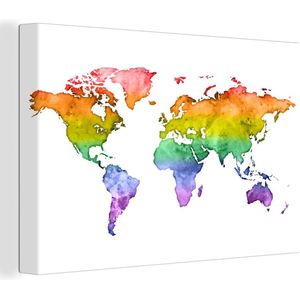 Wanddecoratie Wereldkaart - Pride vlag - Waterverf - Canvas - 120x80 cm