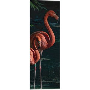 WallClassics - Vlag - Flamingo Duo tussen Groene Takken - 20x60 cm Foto op Polyester Vlag
