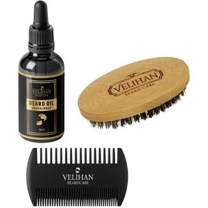 Velihan Beardcare - Baardverzorging Trio Pack - Baardolie Sandalwood 30ml, Baardborstel en Baardkam - Baardverzorging set - Cadeau voor hem - Baardverzorging - Baard olie - Cadeau voor vriend - Baardgroei