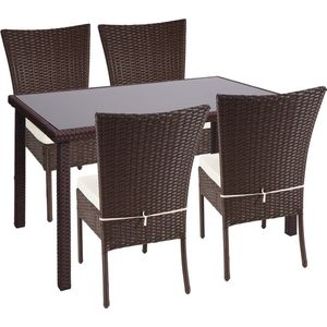 Poly-rattan set MCW-G19, zitgroep balkon/lounge set, 4x stoel+tafel, 120x75cm ~ bruin, kussens crème