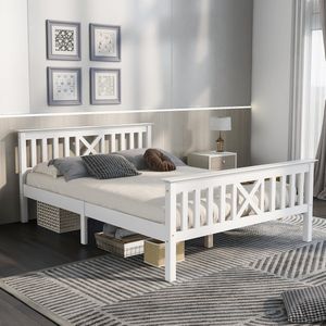 KOMHTOM Tweepersoonsbed 140x200 cm Bed voor volwassenen en kinderen Houten bed met lattenbodem Wit