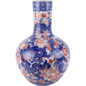 Fine Asianliving Chinese Vaas Blauw Wit Rood Draak Porselein D20xH40cm