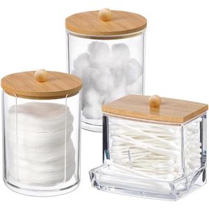 Wnddle Wattenschijfjeshouder Set van 3 - Bamboe Deksel - Acryl Qtip-houder - Cosmetica Opslag
